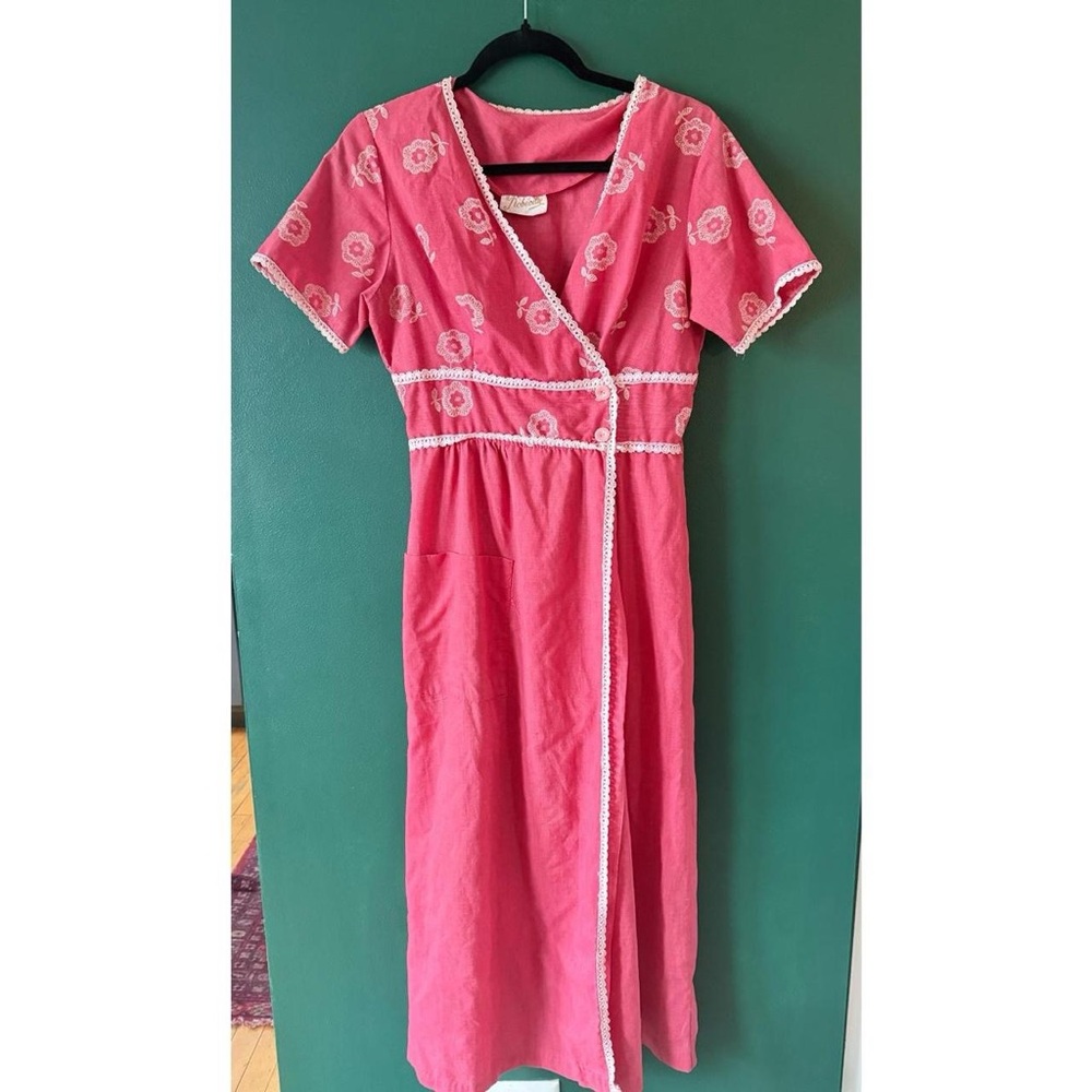 Vintage 60s Dress Housedress Robe Cotton Floral Print Wrap Pink Medium